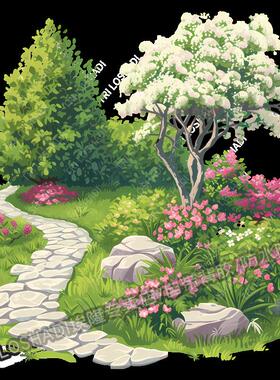瀑布花园小桥流水自粘贴画墙面艺术池塘绿树风景装饰家居贴画防水