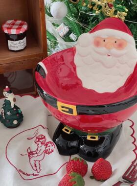 圣诞老人陶瓷碗装饰品摆件陶瓷高脚碗水果盆宠物盆圣诞装饰品创意