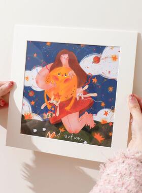 卡纸框白色正方形儿童画画框装裱Q版卡通人物插画作品展示纸相框