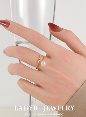 LADYB竹节纯银珍珠戒指开口戒女