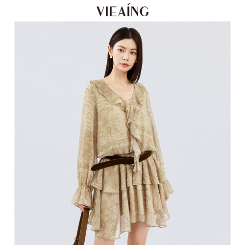 VIEA.ING薇迎商场同款印花连衣裙女2026秋季新款荷叶边裙子中裙 - 图1