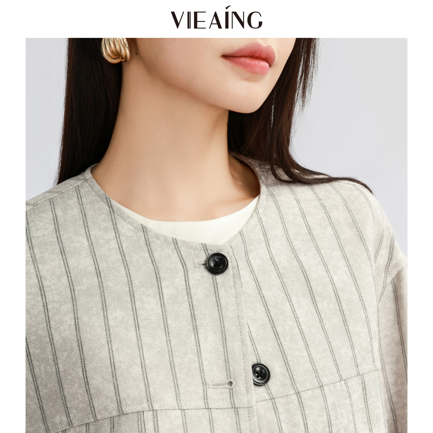 VIEA.ING薇迎商场同款条纹外套女2026春季新款短款小个子圆领上衣,淘宝优惠券,粉丝福利购,淘宝优惠卷