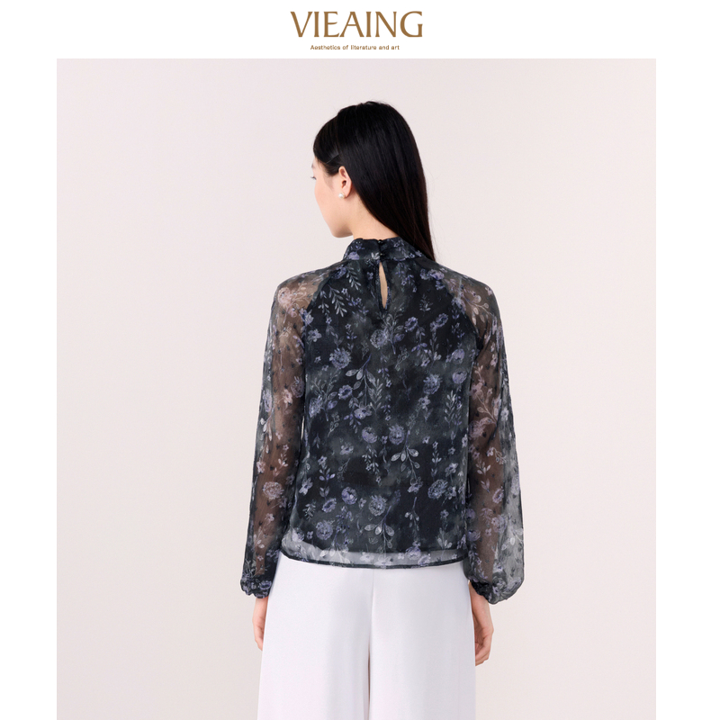 VIEA.ING薇迎雪纺长袖衬衫女2025秋新款休闲立领衬衣通勤上衣 - 图2