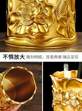铜连年有余笔筒摆件荷花龙腾四海文房家用办公室送礼学生装饰礼品
