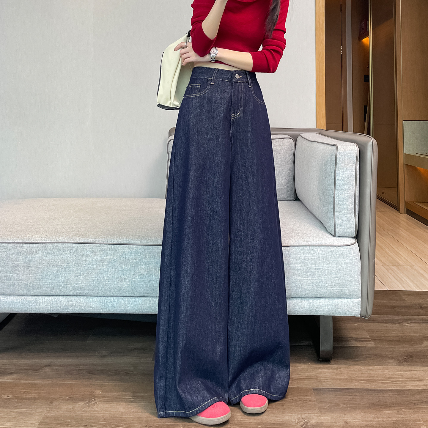 蜜糖之城丹宁深蓝色阔腿牛仔裤女秋季宽松慵懒女高腰垂感拖地裤子,淘宝优惠券,粉丝福利购,淘宝优惠卷