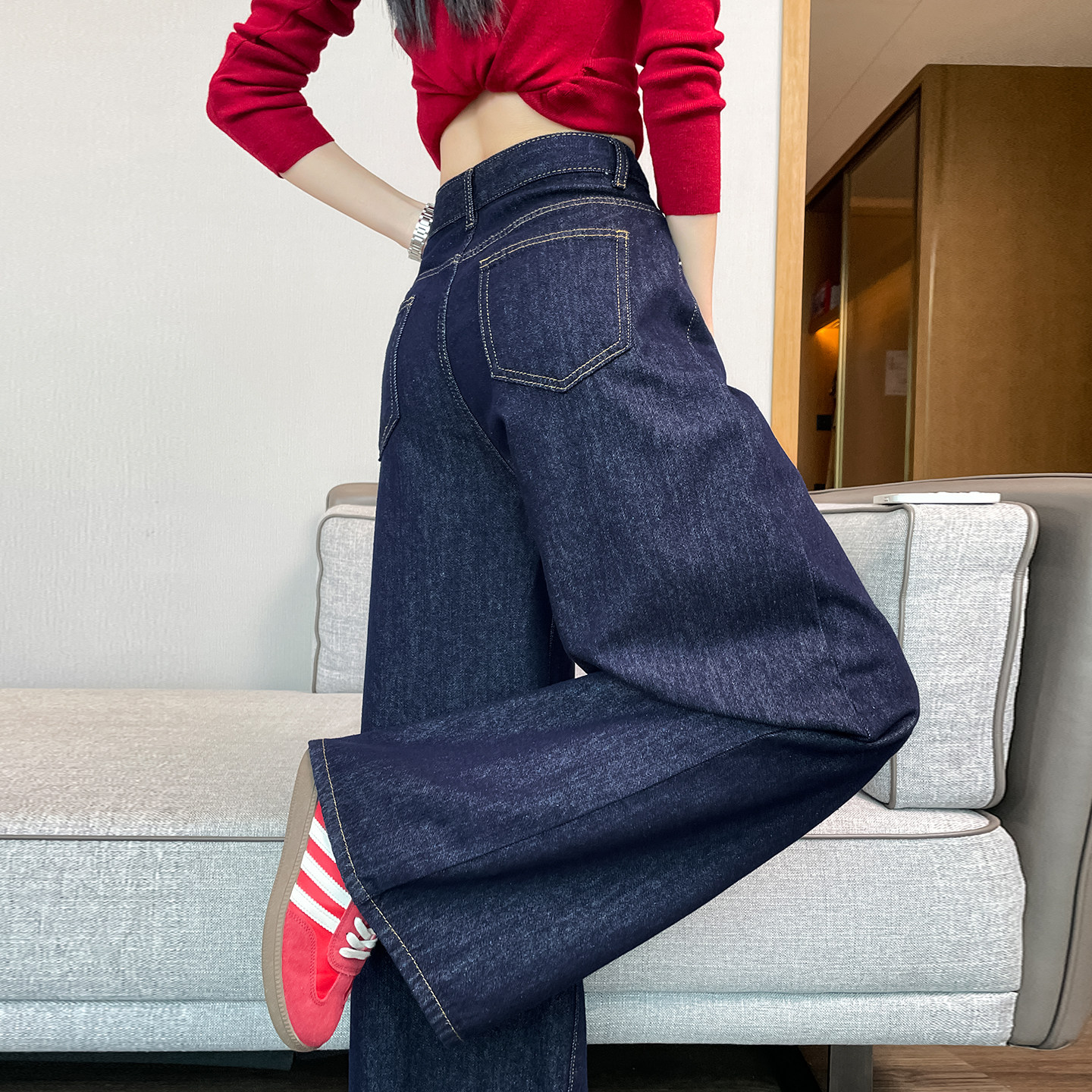 蜜糖之城丹宁深蓝色阔腿牛仔裤女秋季宽松慵懒女高腰垂感拖地裤子,淘宝优惠券,粉丝福利购,淘宝优惠卷