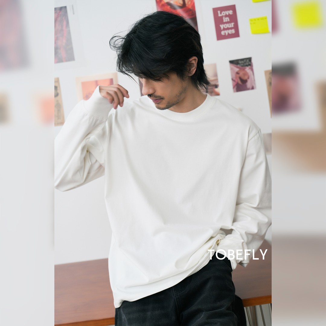 Tobefly 300克新疆长绒精梳棉圆领休闲百搭基础款内搭纯色长袖T恤 - 图1