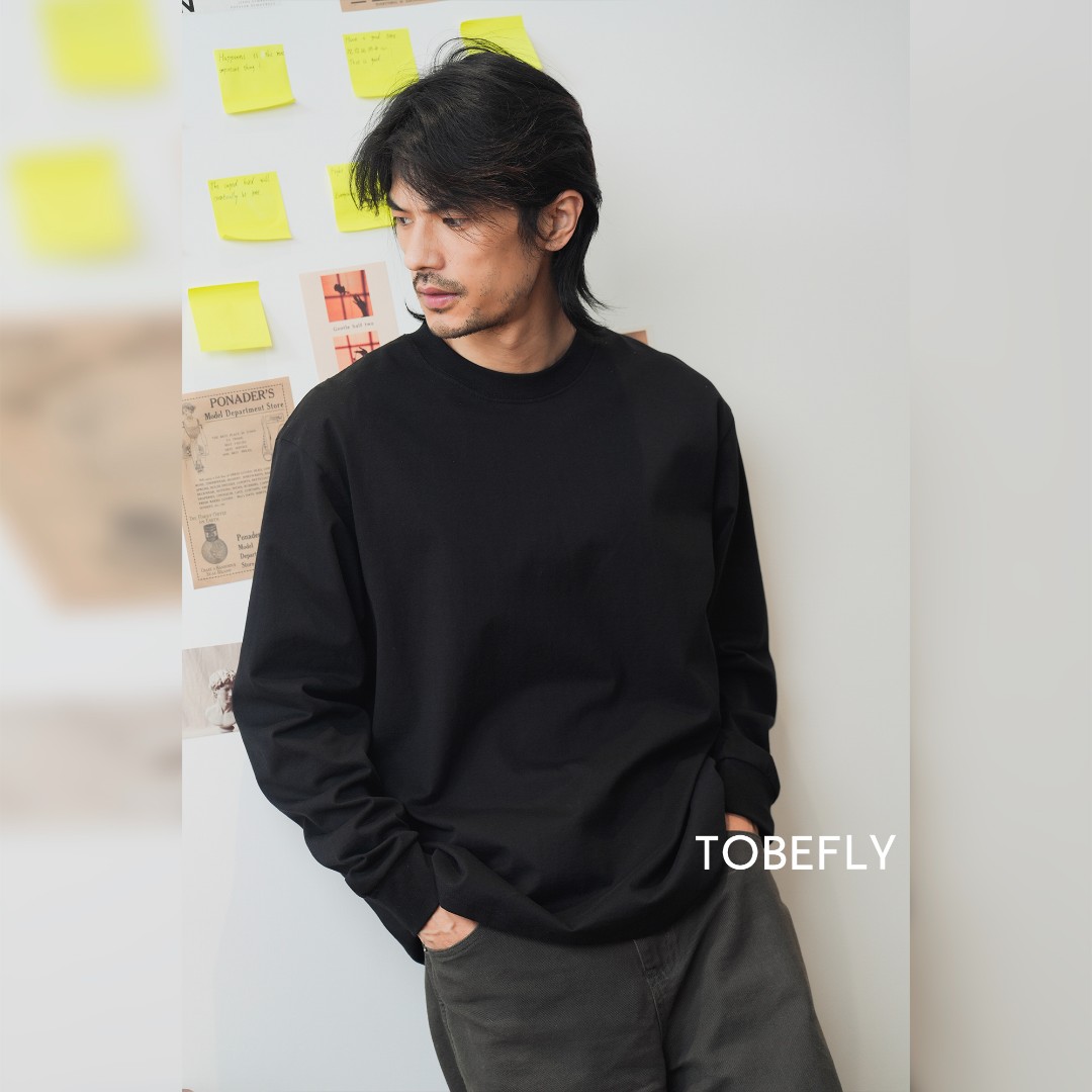 Tobefly 300克新疆长绒精梳棉圆领休闲百搭基础款内搭纯色长袖T恤 - 图0