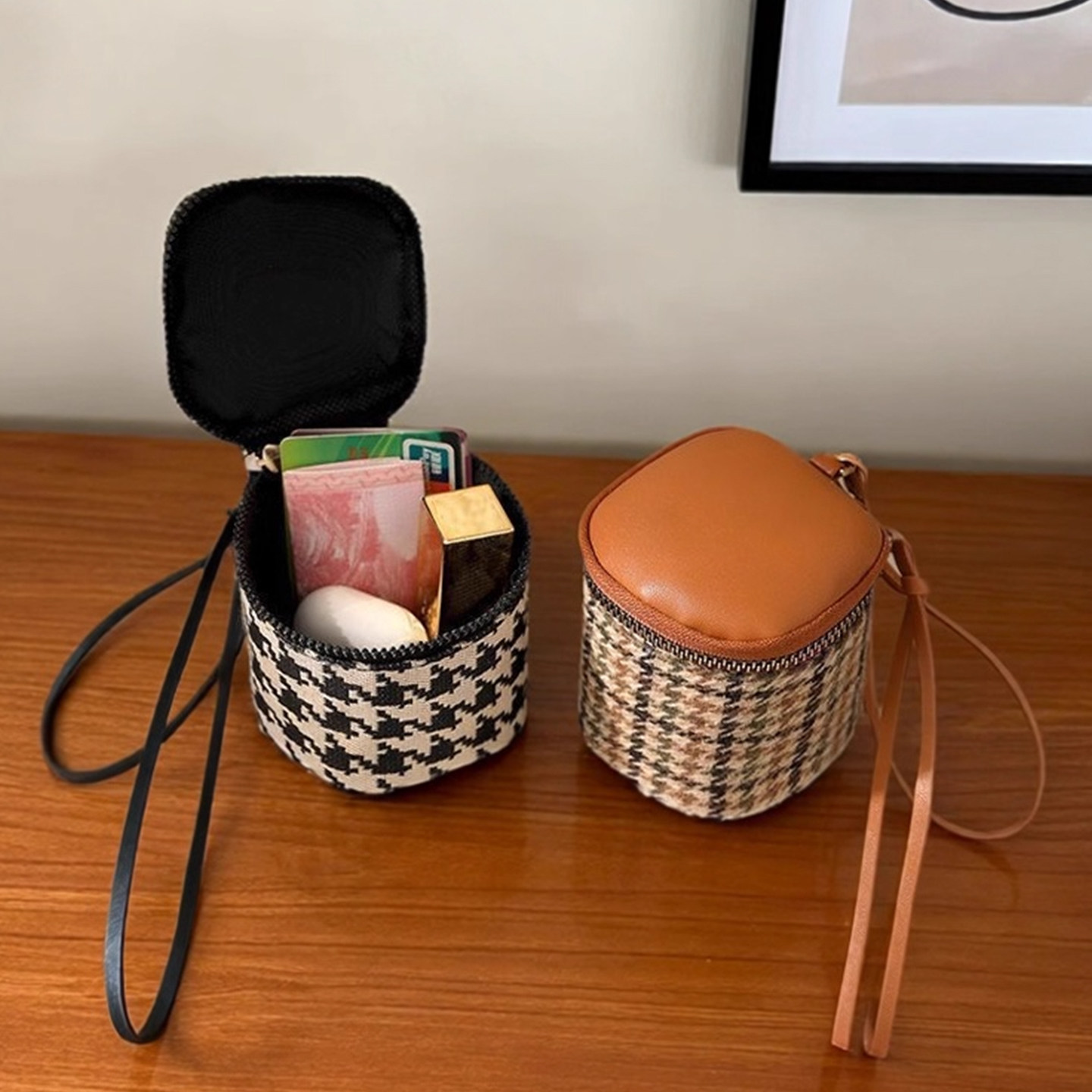 千鸟格帆布迷你水桶包女生高级拉链钱包百搭口红包化妆包手拎小包,淘宝优惠券,粉丝福利购,淘宝优惠卷