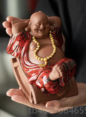 高档久造新中式摇弥勒佛茶宠摆件公桌禅意招摇财大肚笑佛办室面装