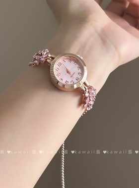 Vintage古著粉色花朵手表轻奢气E质日常通勤手表抽拉绳可调节手饰