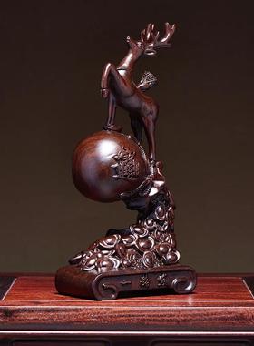 黑檀木雕招财鹿摆件实木一路发财装饰品桌面乔迁新居礼品开业礼物