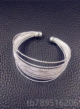 高档925纯银镯女半银多线圈环多层口活口开银镯子手环生日饰礼物