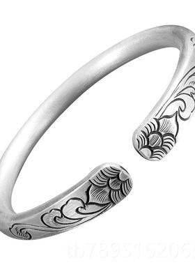 高档999纯银手送镯吉祥民族风足银手工镯子女实人心银首饰9复古爱