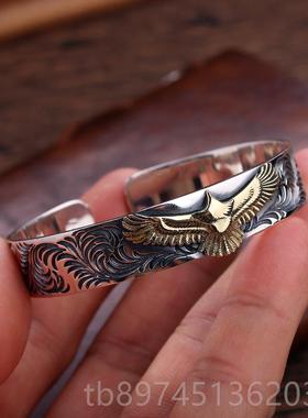 正品S925银复古手银桥吾郎风格老鹰高唐草工男潮人性男士个手镯子