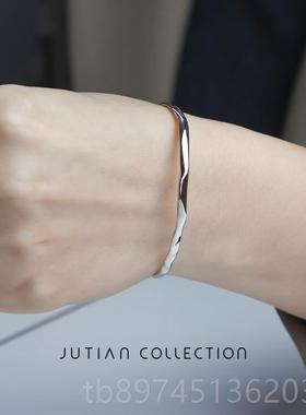正品JUTIAN冷淡风金色S9个25纯银手女简约不规凸则凹面性银手环镯