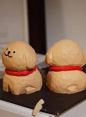 线 线条小狗手工木雕小摆件卡通可爱手绘办公室工位电脑桌面装饰