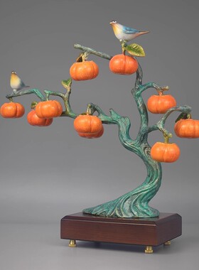 纯黄铜事事如意柿子喜鹊摆件