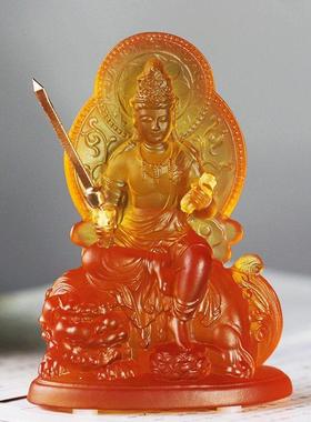 古法琉璃文殊菩萨普贤家用佛像摆件寺庙佛堂居家供奉工艺品