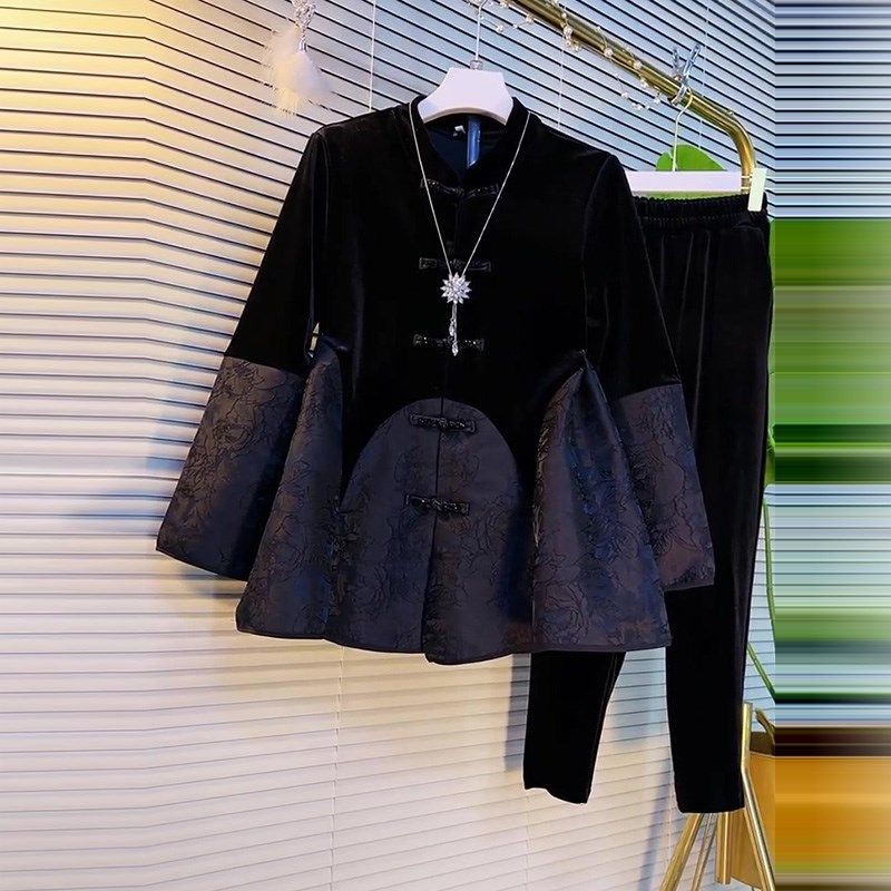 复古亮钻纽襻遮肚丝绒拼接上w衣休闲裤子两件套装胖mm冬季大码女,淘宝优惠券,粉丝福利购,淘宝优惠卷