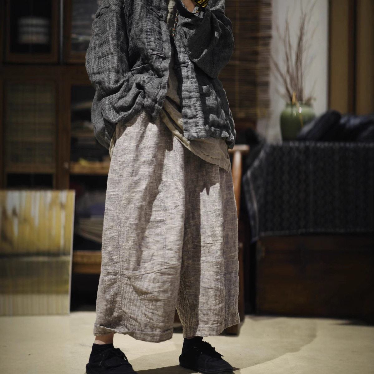 25/3/8 SN137休闲复古 色织亚麻立体拼片松紧休闲低裆裤,淘宝优惠券,粉丝福利购,淘宝优惠卷