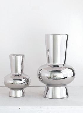 现代轻奢银色电镀陶瓷花瓶摆件客厅餐桌茶几样板房插花家居装饰品