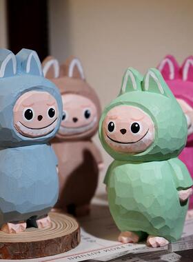 拉布布手工木雕小摆件可爱公仔卡通办公室桌面装饰品治愈系礼物