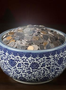 景德镇陶瓷器青花瓷聚宝盆家居装饰品摆件 新中式瓷器博古架摆设