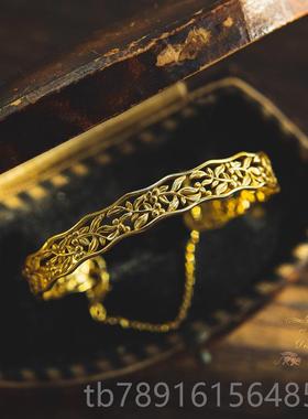 正品25银9花纹镂简约复古风开口手镯金属狂 潮百搭气质手环金空银