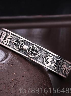 正品S925银复古手工杵银刚言六字金真个性小众潮人男士开口手镯子