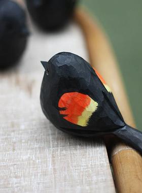 鹿妖商店 红翅黑鹂 红翼鸫 肥啾鸟 纯手工木雕 家居饰品 创意摆件