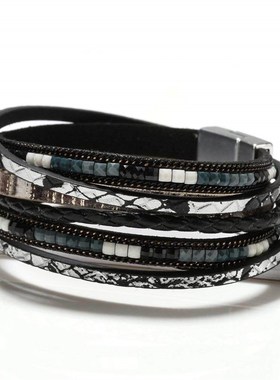 废土风配饰波西米亚手链女手工编织F皮革手环磁扣手镯民族风新款