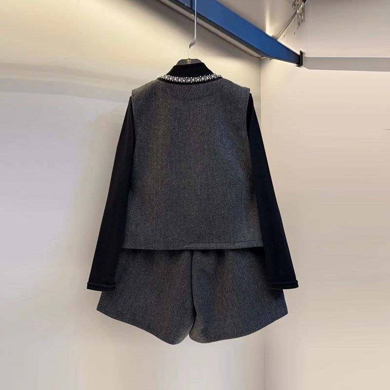 胖妹妹钉珠边g马甲半高领打底衫短裤大码女装韩版通勤风显瘦三件,淘宝优惠券,粉丝福利购,淘宝优惠卷