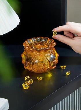 琉璃钱袋子摆件黄色水晶聚宝盆花瓶客厅办公室装饰摆设乔迁送礼