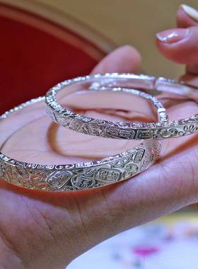 正品999纯银手女来料加工三镯面吉言回开口实心足银宽镯子以旧新