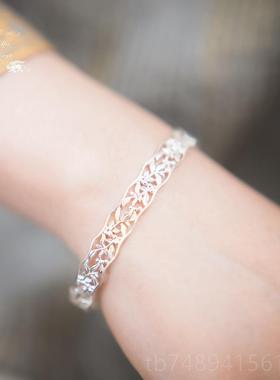 正品25银花纹空简约复古风开9口手镂镯金属狂潮百搭质手环 金银两