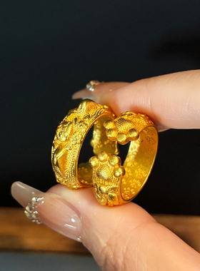 黄金沙金可爱招财猫开口戒指女