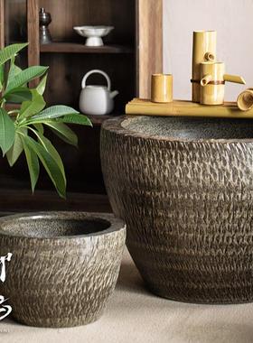 鱼缸落地摆件庭院园林现代陶瓷平口大缸粗陶手工圆坛水缸大花盆