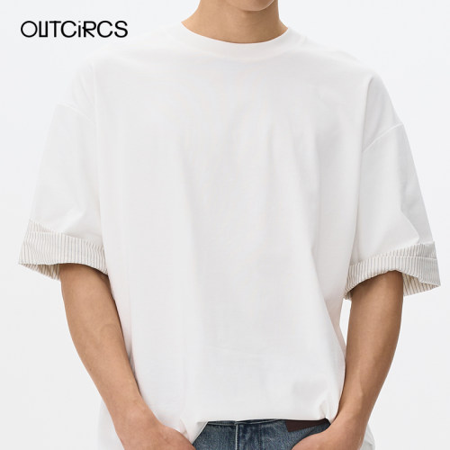 OUTCiRCS条纹拼接袖口T恤秋季男女纯棉弹力百搭休闲假两件短袖 - 图0