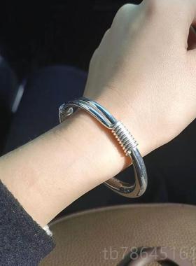 正品足银999纯银手镯女丝实心银光面足大人宝宝款手工绕定制民族