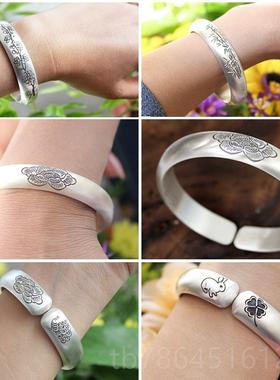 正品手纯工定制99足手镯女银实心9开口银复古银饰妈妈款贵妃古法
