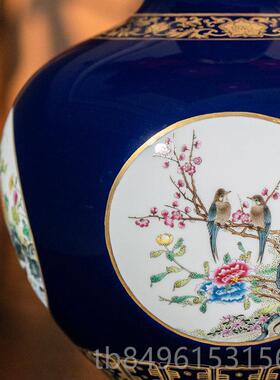 高档宁封窑景品德镇陶瓷器中式古彷典花瓶客装饰手绘工艺古摆件饰