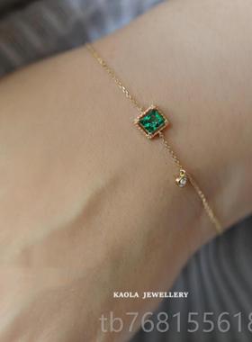 正品手祖母方糖手链 女黄.金纯银翡翠单绿方钻镯轻奢法式复古绿绿