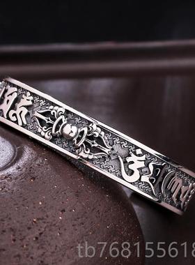 正品S925复古银手工金刚杵六字真言个性小众潮人男开士口银手镯子