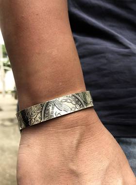 正品摩根币手工复银手古镯男创意个欧美飞鹰女神币s9性25纯银手环