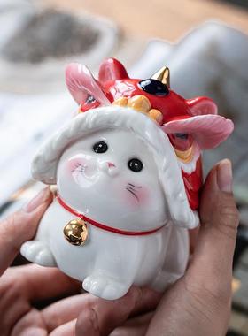 创意可爱小猫咪摆件国潮醒狮陶瓷家居客厅桌面装饰品车载生日礼物