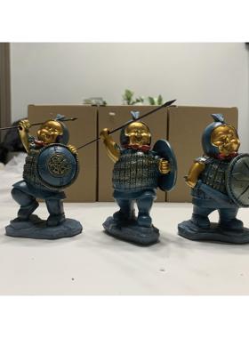 中式西安兵马俑q版胖将军摆件办公室桌面汽车摆件树脂铜泊工艺品