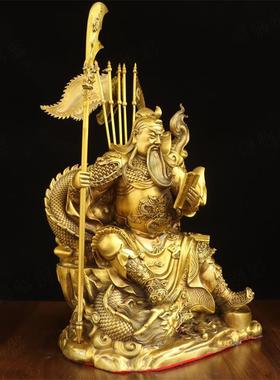 纯黄铜关公夜读春秋关羽坐像摆件看书关二爷令旗坐龙托聚宝武财神