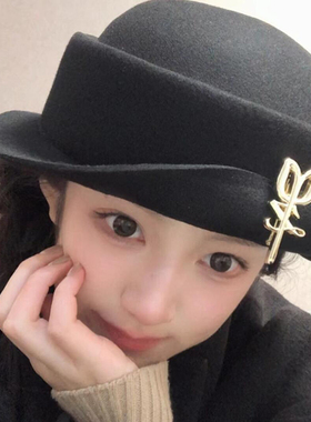 法式赫本风纯羊毛礼帽女黑色