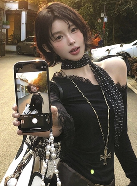 黑色波点丝巾y2k千禧辣妹风长条